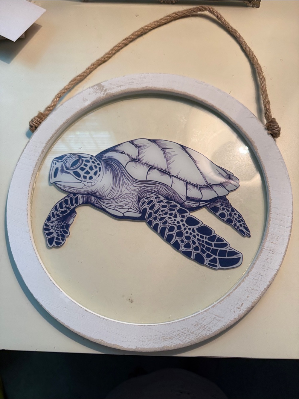 Coastal Sea Turtle Wall Art – Navy and White Round Hanging Plaque
